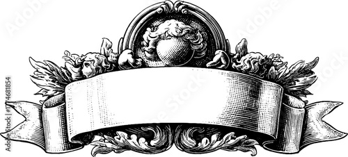 Ornate baroque cartouche frame with ribbon scrolls and cherubs for classic design