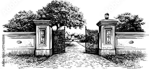 Baroque city entrance with ornate pilasters and decorative ironwork