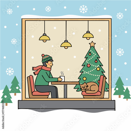 Minimal Flat Winter Cafe Scene with Christmas Tree_ミニマルフラットなクリスマスツリーのある冬のカフェシーン