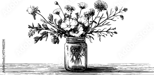 Vintage botanical still life with wild herbs in glass vase - perfect for design, card, and poster