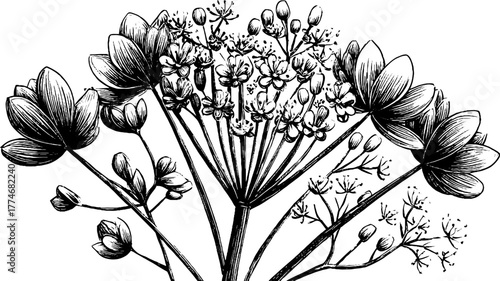 Detailed botanical study of fennel plant with flowers and stems for nature enthusiasts and educational display
