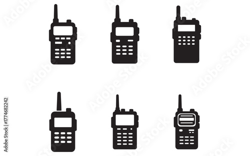 Set of walkie talkie icons in flat style showcasing different communication devices for security and emergency services or outdoor adventures for vector design