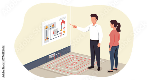 Couple discussing home heating system diagram with underfloor heating concept