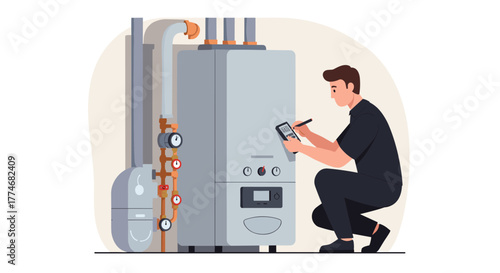 Technician inspecting modern gas boiler system for maintenance and efficiency assessment