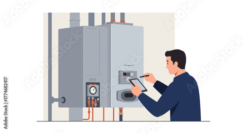 Technician inspecting modern gas boiler system with digital tablet in flat design