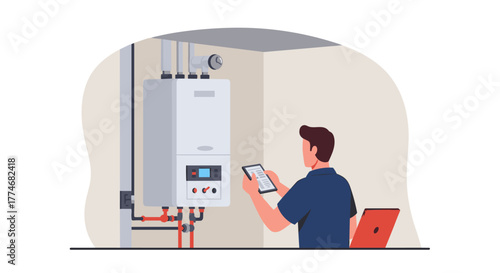 Technician checking modern boiler system with digital tablet in room