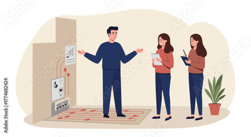 Team discusses efficient underfloor heating system in modern setting