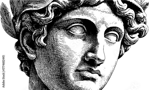 Engraved bust of classical greek statue with neutral expression - vintage hand drawn illustration for art and design