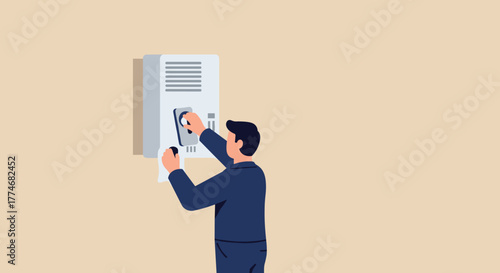 Technician adjusting electric box in workspace flat design