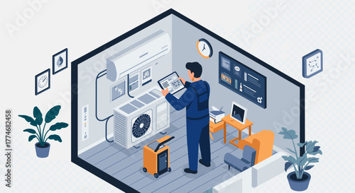 Isometric smart home monitoring room with technician adjusting air conditioning system