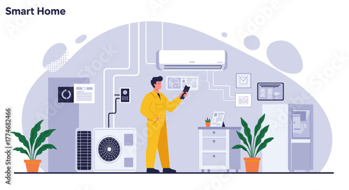 Smart home automation with hvac control in modern flat design