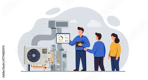 Team analyzing hvac systems with digital tablet in modern flat style