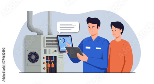 Technicians analyzing hvac system with digital tablet and smart display in modern setting