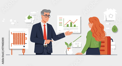 Office discussion on eco-friendly business strategies with data charts