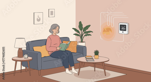 Cozy living room with smart thermostat and elderly woman reading