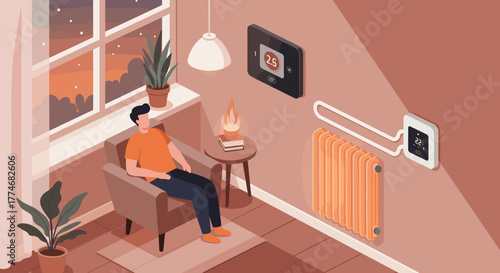 Cozy smart home living room with modern temperature control and heating system