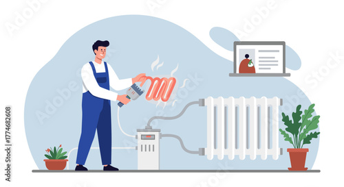 Technician repairing home heating system with modern tools