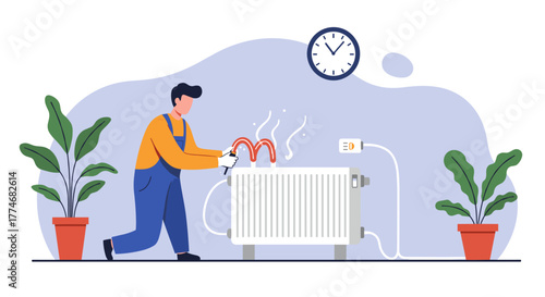 Man repairing radiator in flat style with houseplants and clock background