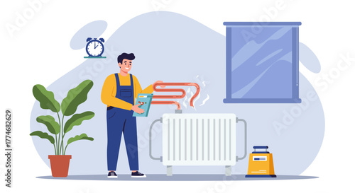 Technician inspecting home heating system with radiator and heater maintenance tools