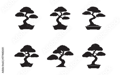 Silhouette Collection of Beautiful Bonsai Trees in Pots Minimalist and Elegant Designs Perfect for Zen Gardens and Japanese Inspired Art