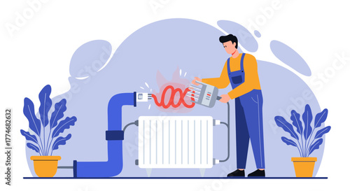 Flat design repairman fixing radiator with tools in a modern setting