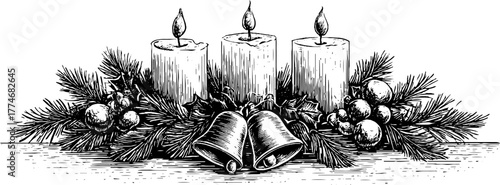 Vintage christmas garland with candles, bells, and pine needles for festive decoration