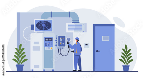 Technician operates industrial hvac system in modern facility