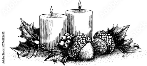 Engraved christmas still life with candles and pine cones for festive decor