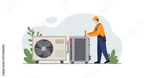 Technician repairing modern air conditioning unit in flat design with tools