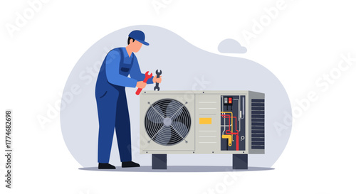 Technician repairing air conditioner in minimalistic design