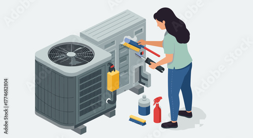 Woman cleaning air conditioner unit in isometric style with cleaning supplies