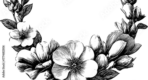 Floral wreath engraved circular petals leaves vintage sketch hand drawn engraving illustration. Elegant botanical design with ornate foliage and classic decorative motif.
