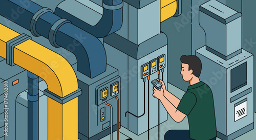 Technician inspecting industrial hvac system in modern isometric design
