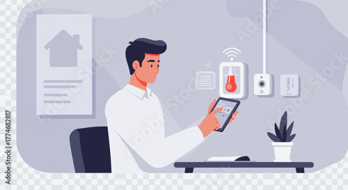 Smart home management concept with man controlling temperature using tablet