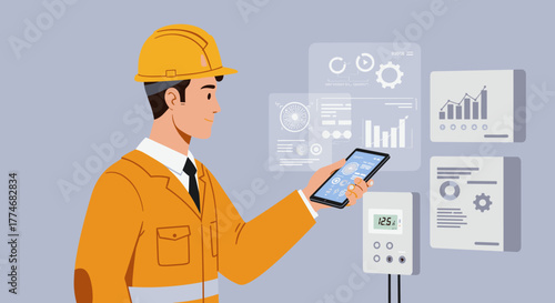 Engineer using tablet to monitor smart building systems in modern office environment