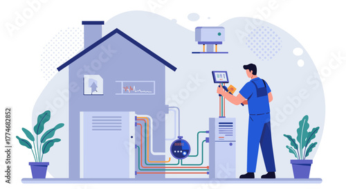 Smart home energy monitoring system with technician controlling heating equipment