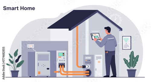 Smart home energy management with technician adjusting hvac system in modern flat design