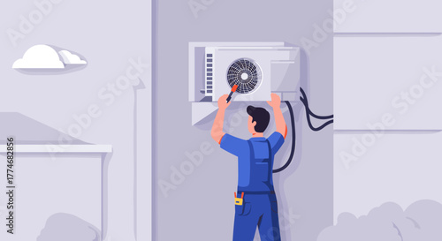 Technician fixing outdoor air conditioning unit in modern flat design