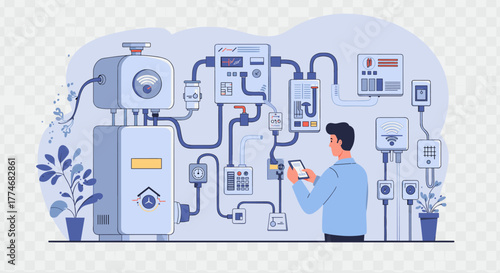 Man monitoring smart industrial control system in a futuristic setting