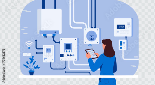 Smart home technology concept with interactive controls and energy management system