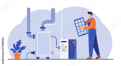 Technician replacing air filter in modern flat style hvac system design