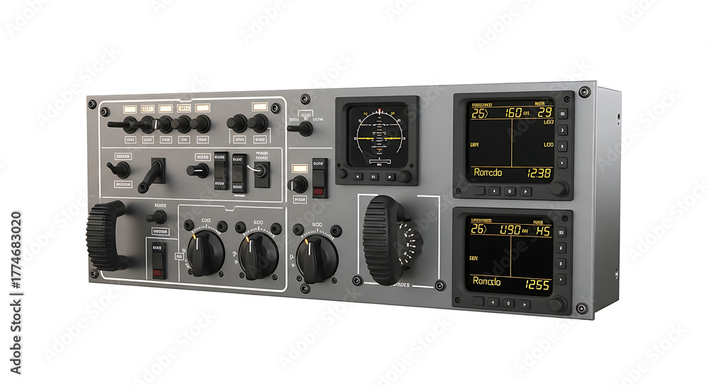Fototapeta premium Professional Aircraft Flight Simulator Instrument Panel with Digital Displays and Control Knobs
