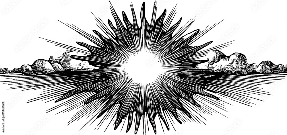 Vintage hand drawn sunburst rays pattern with radiating center for retro design and decoration