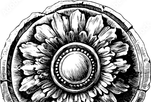 Vintage circular stone medallion with engraved floral pattern design