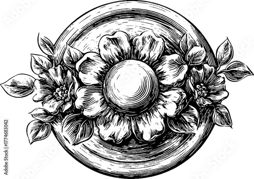 Vintage floral patterned stone medallion sketch for decorative design