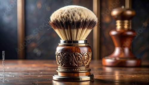 Close Up Shaving Brush on Wooden Table With Decorative Base and Wooden Pomander Against Blurred Background