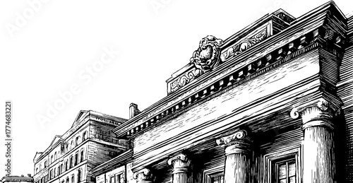 Detailed engraving of classical cornice with dentil molding and carved decorations