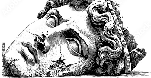 Classical statue head engraving with curly hair and broken nose - vintage art design