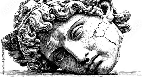 Classical broken statue head with curly hair and unique features for artistic design