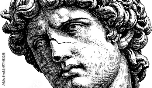 Classical sculpture head with curly hair and broken nose - vintage engraving design